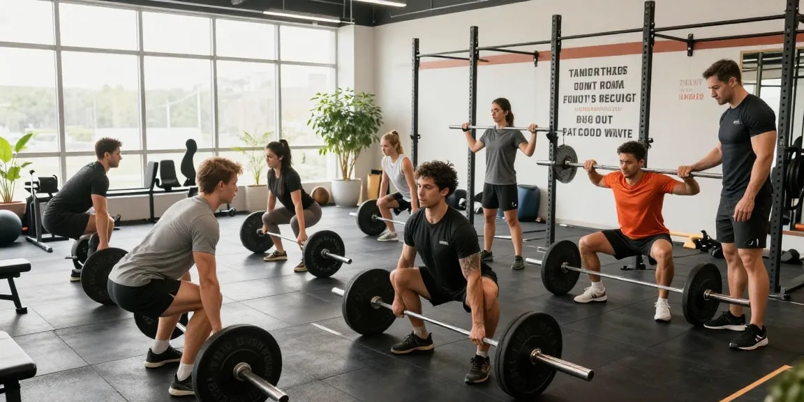 Prime Pharma Steroids in een moderne sportschool met fitnessers die samenwerken bij krachttraining.