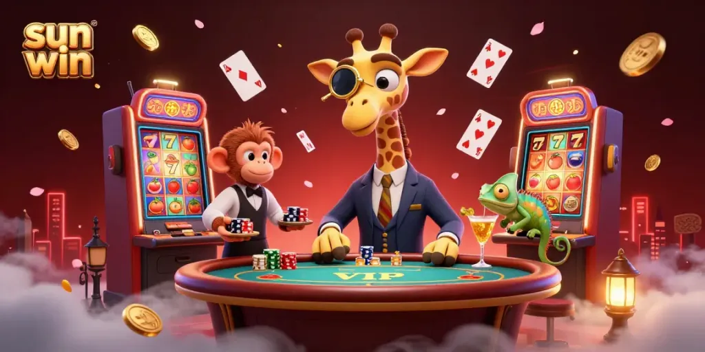 Experience the thrill of gaming with sun win, featuring a high-roller giraffe and animated casino elements.