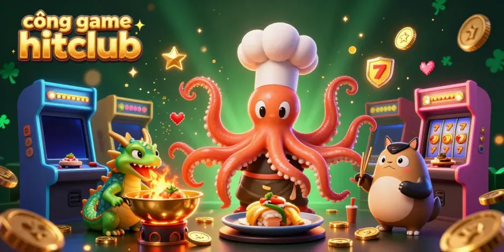 Experience the excitement of cổng game hitclub with a vibrant 3D gaming scene featuring an octopus chef and a dragon.