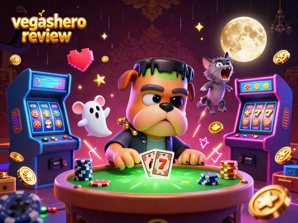 Engage with the vegashero review by witnessing a vibrant 3D casino scene filled with fun characters and gaming elements.