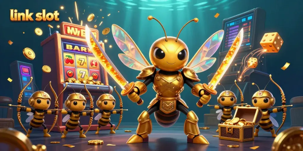Engage with thrilling jackpots at link slot, witnessing a vibrant scene of dynamic characters and casino elements.