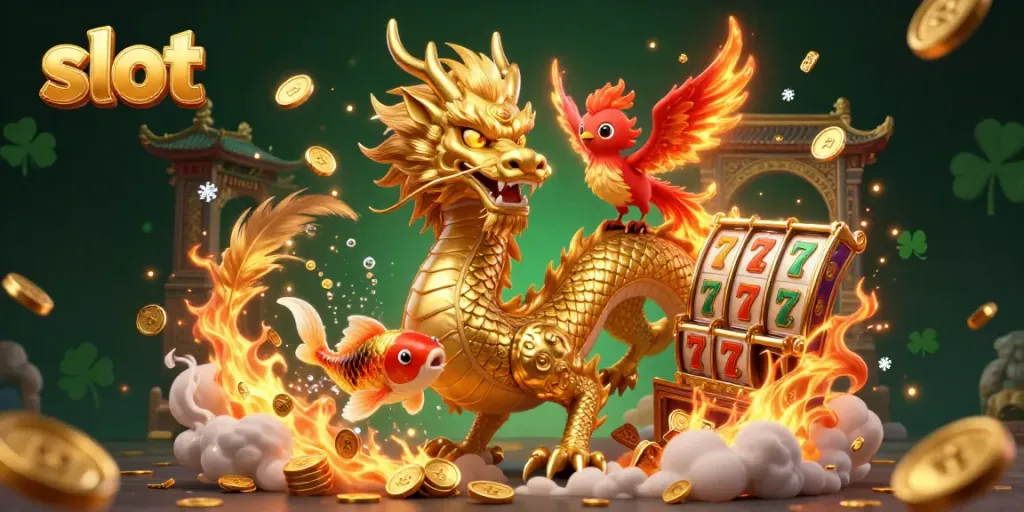 Experience thrilling slot gameplay with a dragon, phoenix, and koi in a vibrant casino scene.