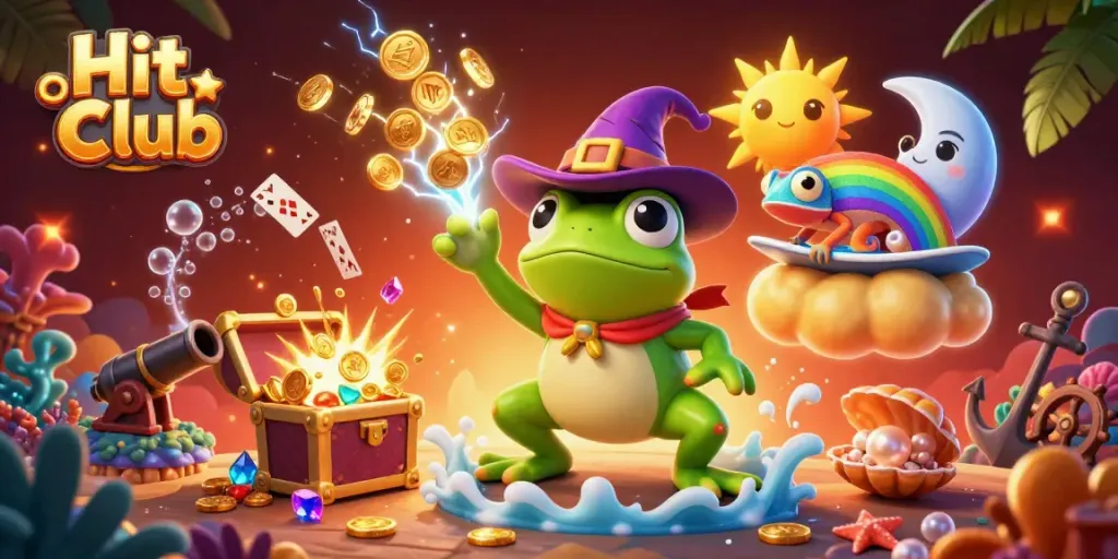 Hit Club showcasing a lively scene with a wizard frog, chameleon, and a flurry of casino elements.