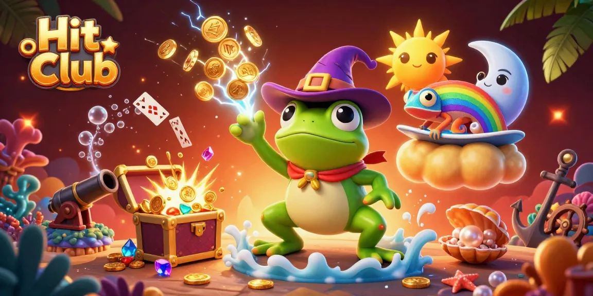 Hit Club showcasing a lively scene with a wizard frog, chameleon, and a flurry of casino elements.