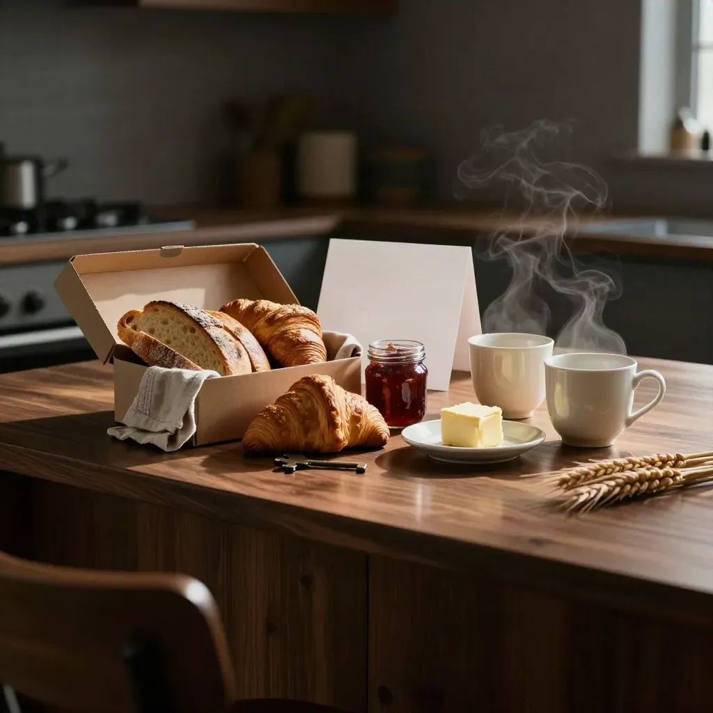 Open ontbijtbox met brood, croissants, jam, boter en twee kopjes op een houten keukenblad.