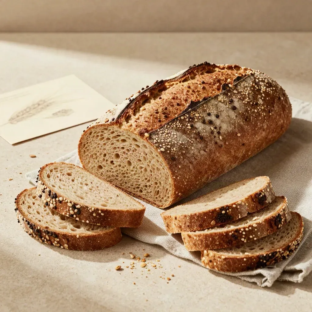 Mezaden volkoren brood op linnen doek met sneetjes ernaast in warme bakkerijsfeer.