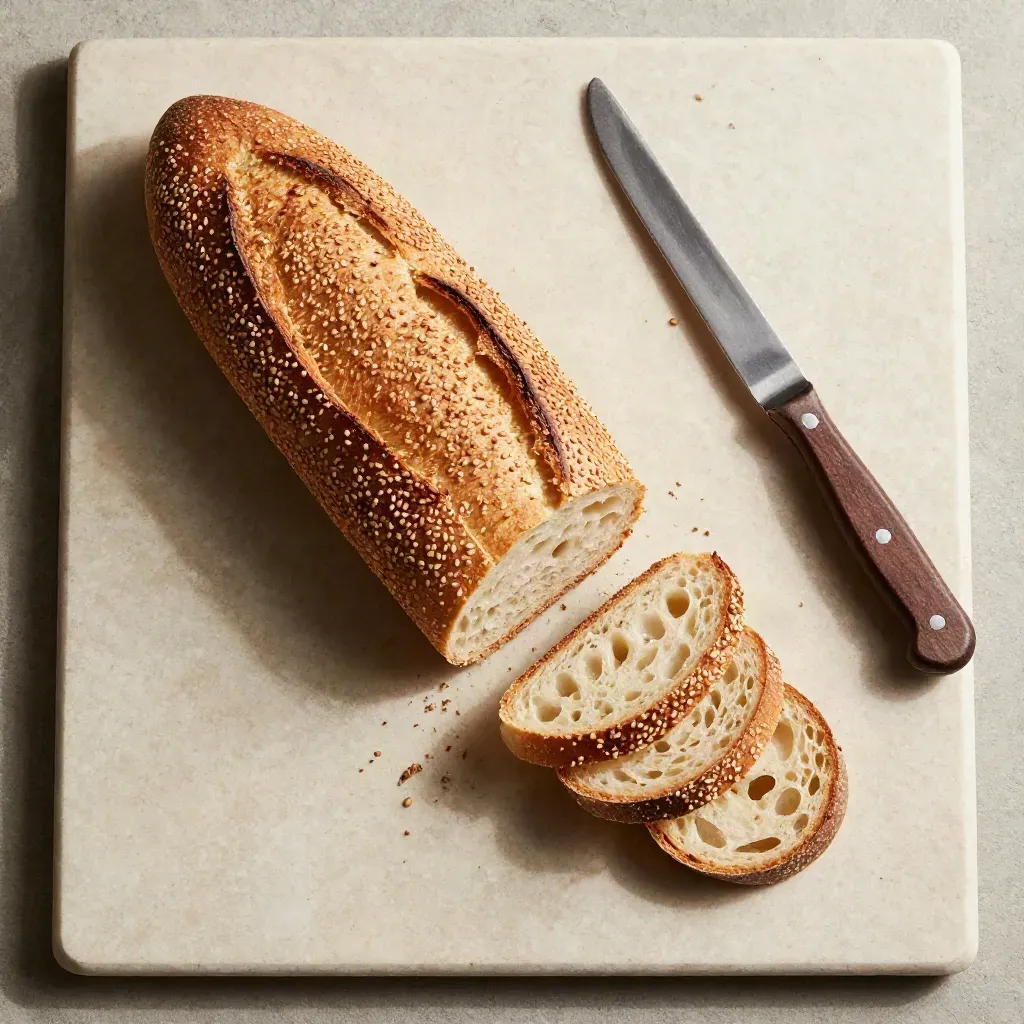 Sesambaguette met mesje en sesamkruimels op travertin, van boven gefotografeerd.
