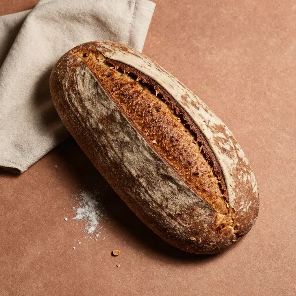 Spelt vloerbrood met linnen servet en bloem op warme steen, van boven gefotografeerd.