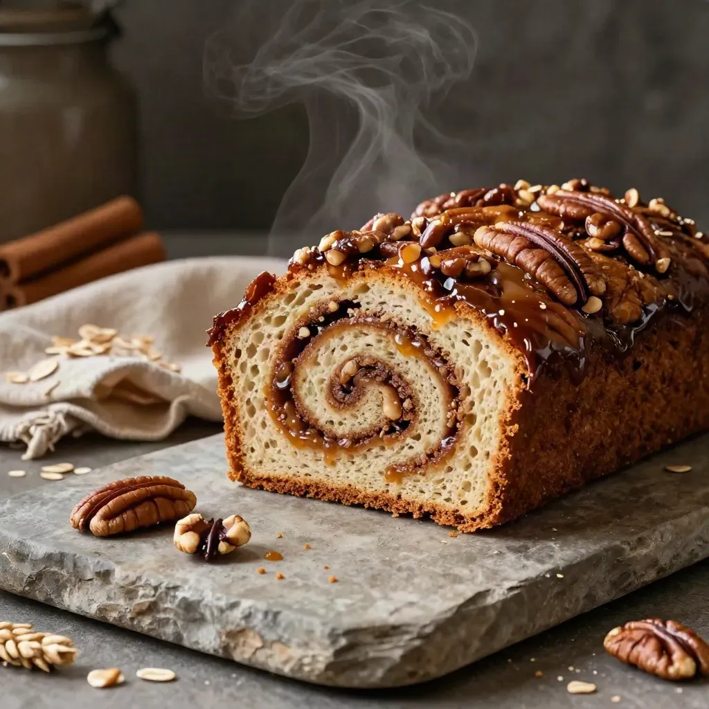 Pecan-kaneelbrood op een stenen plank met verspreide pecannoten en warme stoom