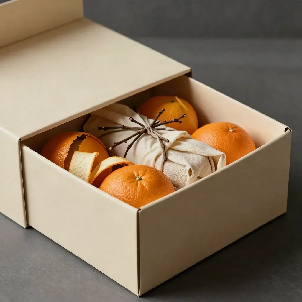 Open fruitige giftbox met citrusschillen, linnen wikkels en takjes in raking licht.