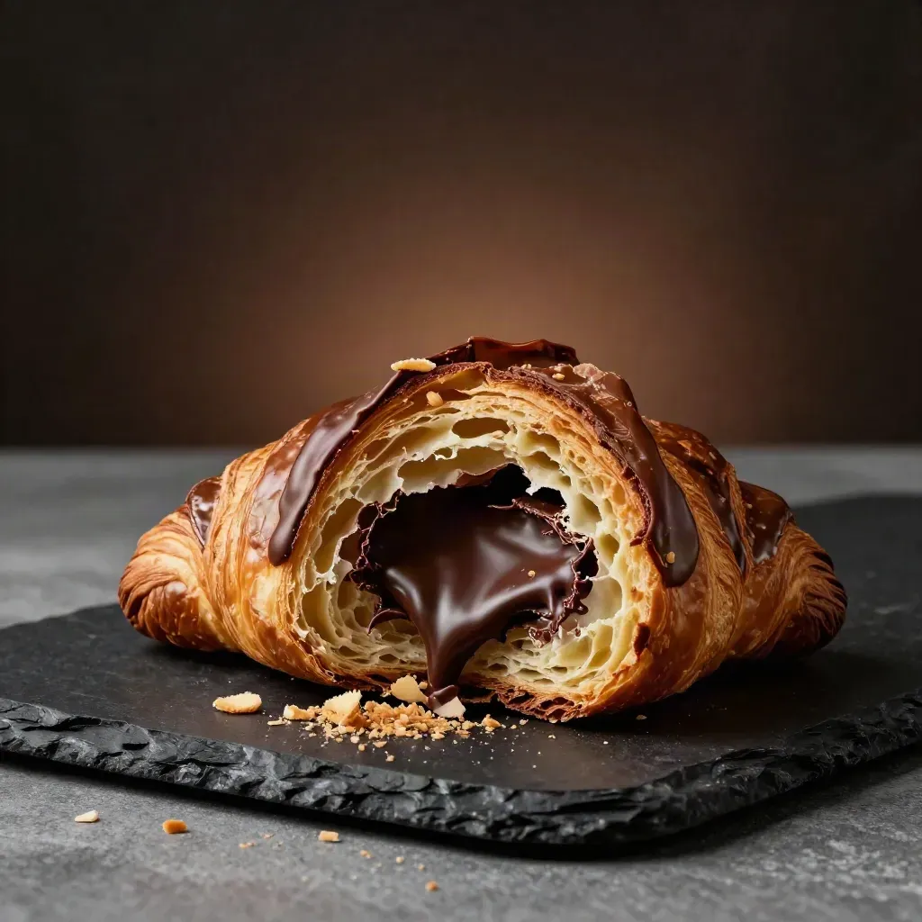 Opengebroken chocoladecroissant met glanzende vulling op donkere steen en warme damp.