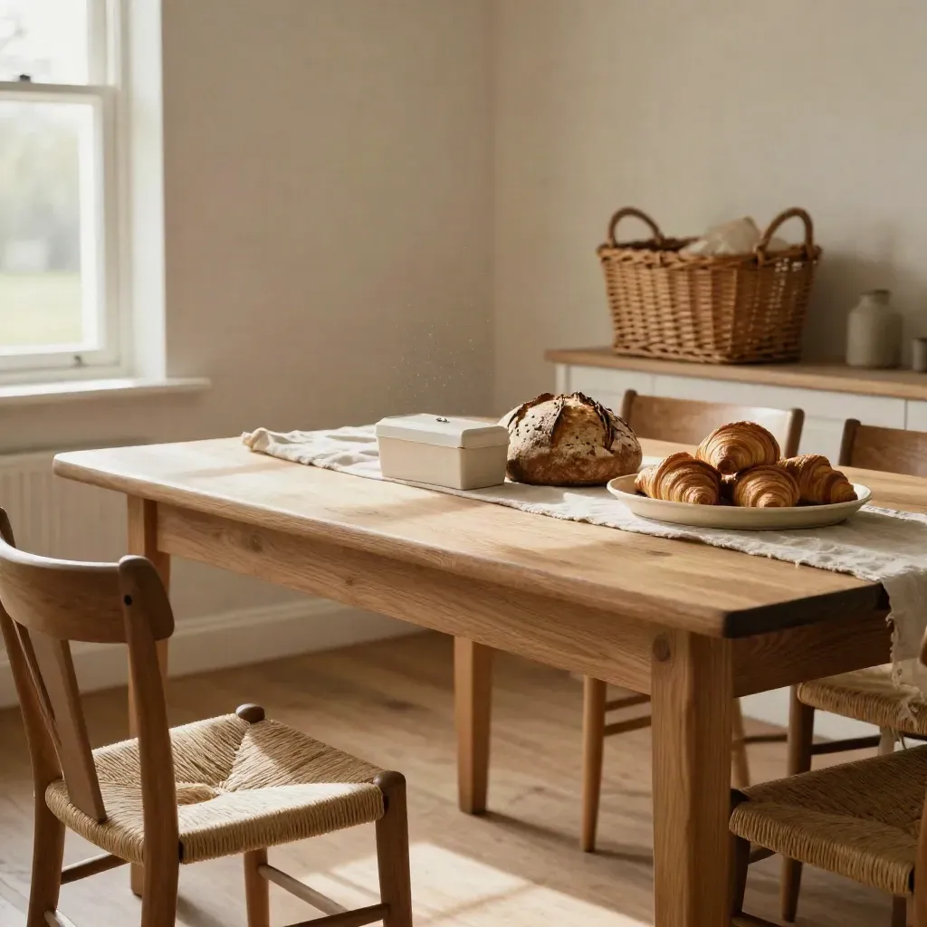 Lichte boerderijeetkamer met lange houten tafel, ontbijtboxen en zacht vensterlicht.