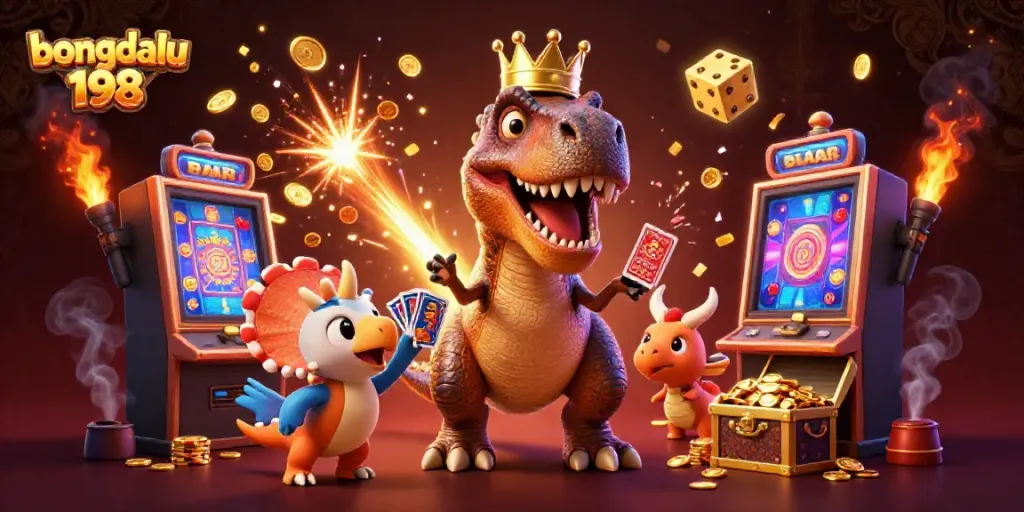 Experience the excitement with bongdalu 198 as the T-Rex deals cards amidst a jackpot explosion in this dynamic casino scene.
