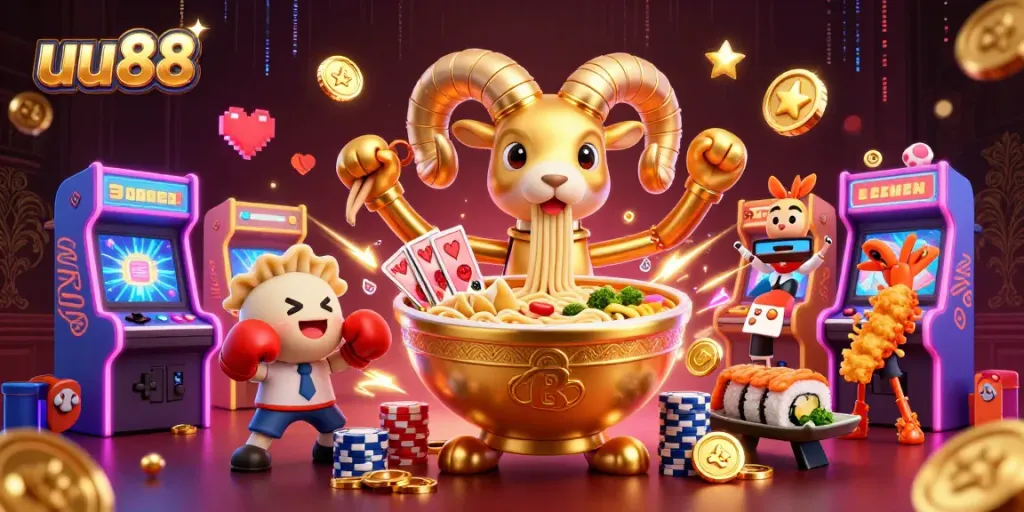 uu88 enchants players with a vibrant casino scene featuring a golden ramen bowl and dynamic game elements.