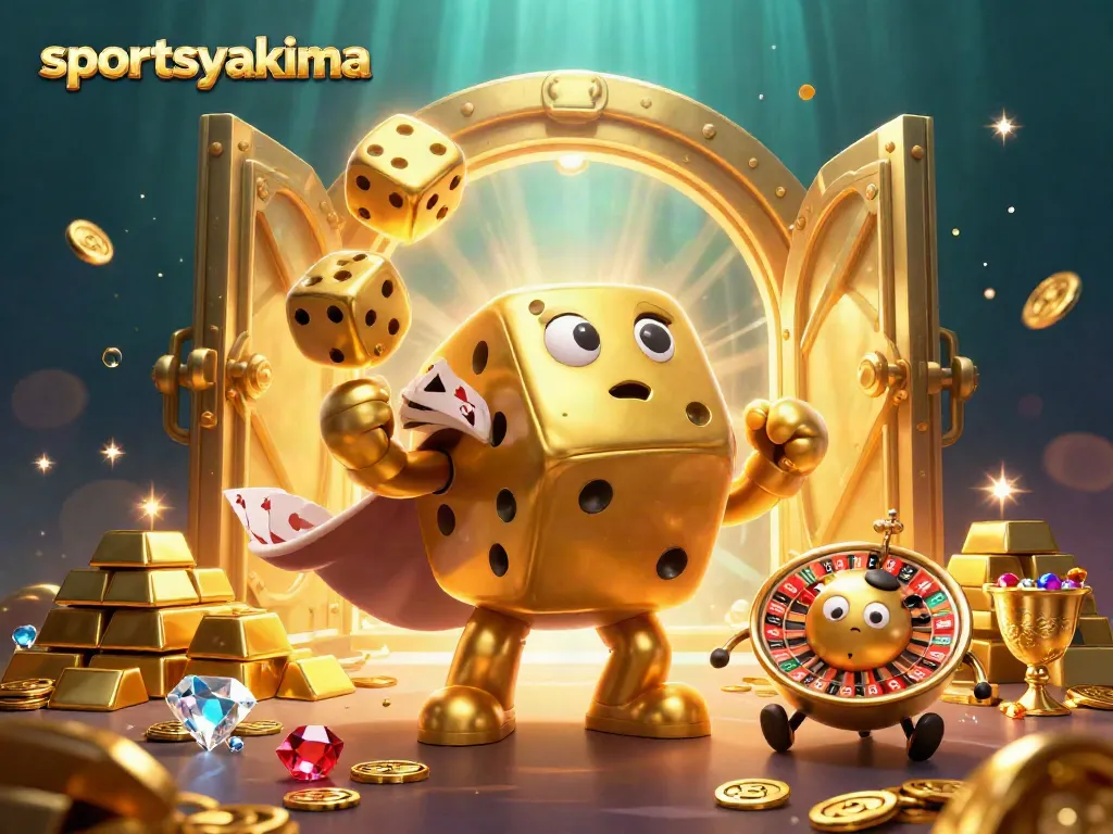 Roll winning golden dice with sportsyakima in a vibrant casino scene filled with treasure.