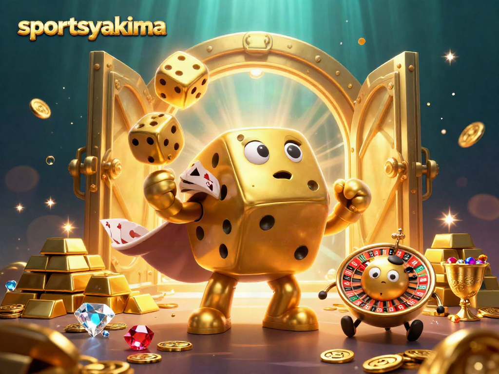 Roll winning golden dice with sportsyakima in a vibrant casino scene filled with treasure.