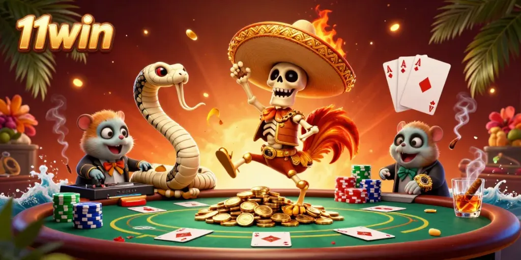 Experience vibrant fun and winning moments at 11win, featuring a dynamic casino scene with cheerful characters.