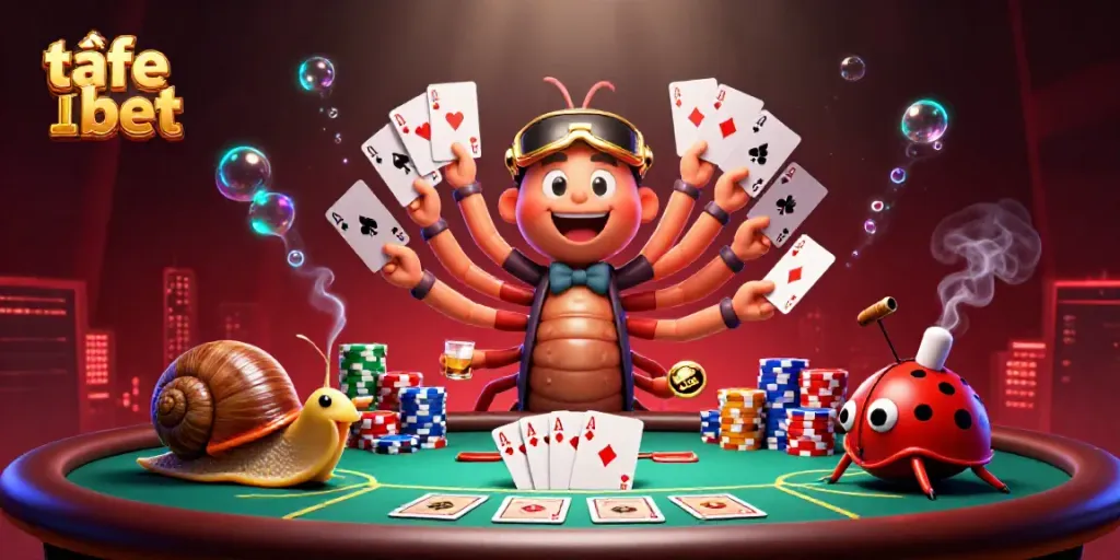 Experience the thrill of tải fe bet with a vibrant 3D casino scene showcasing a cartoon millipede dealer and exciting gameplay elements.