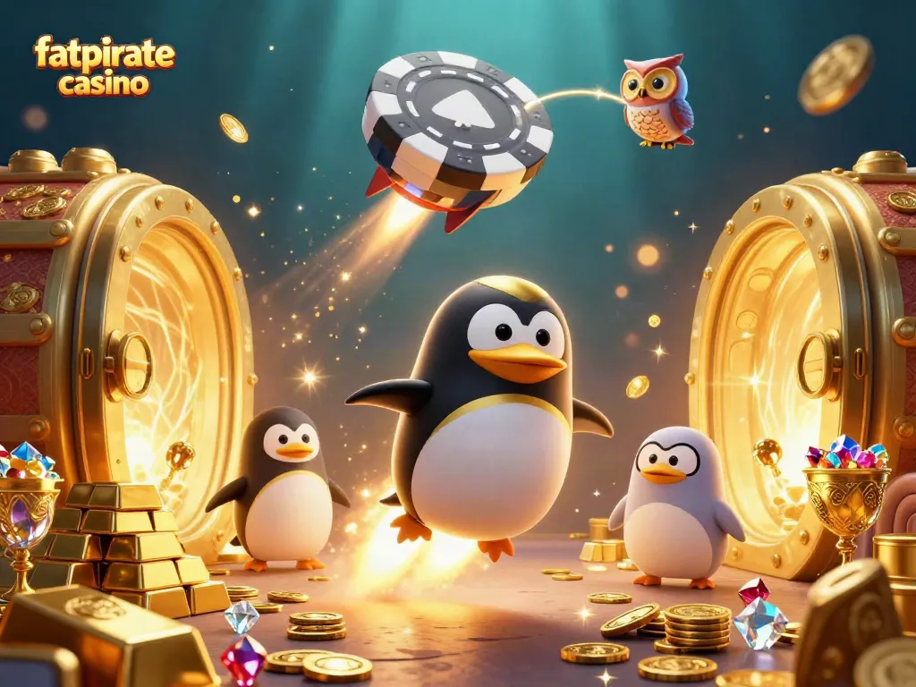 Experience thrilling adventures at fatpirate casino, where a golden penguin launches into a vibrant cosmic casino.