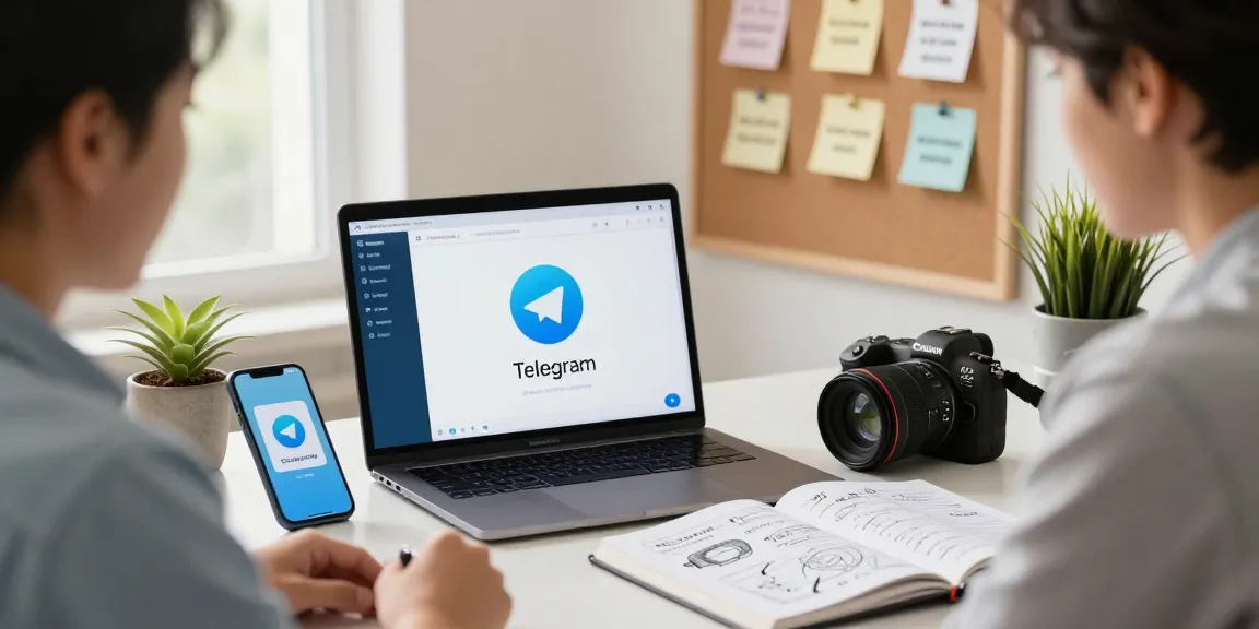 Download Telegram app showcased on a laptop in a modern workspace, emphasizing productivity and connection.