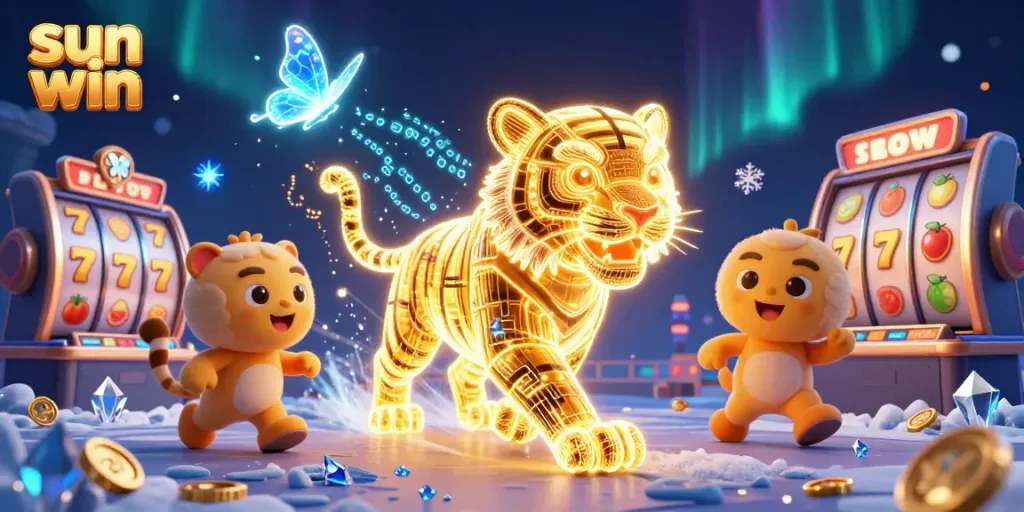 Engage in exciting gameplay with the sun win slot reels and golden tiger in a vibrant digital casino atmosphere.