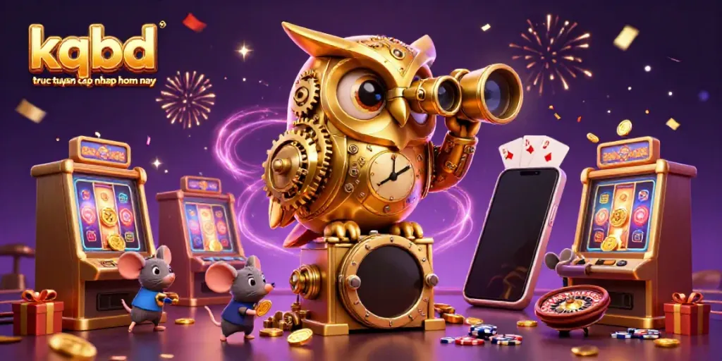 KQBD truc tuyen cap nhap hom nay showcases a dynamic scene with a golden owl and tiny mice, celebrating a vibrant casino atmosphere.
