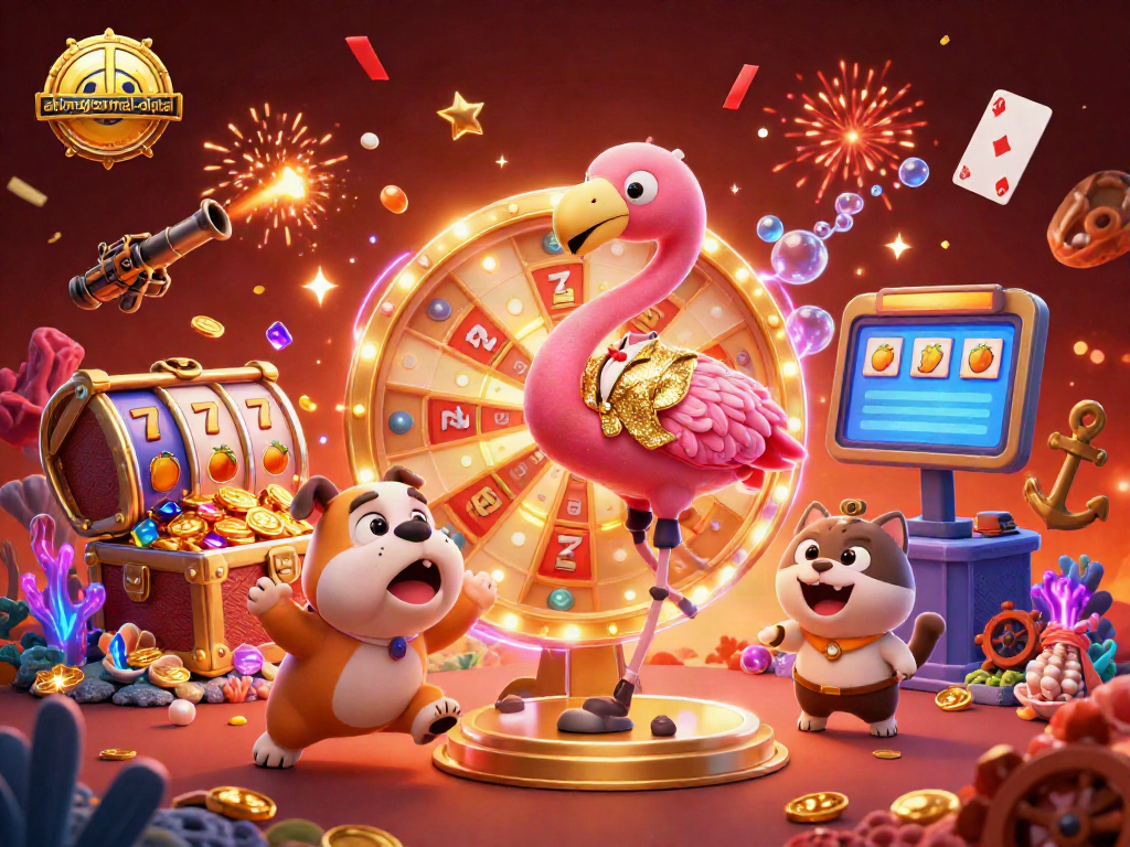 Engaging scene depicting ahimajournal-digital with flamingo host, bulldog contestant, and cat assistant surrounded by slot elements.