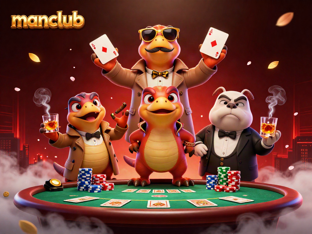 Experience thrilling poker action with manclub's vibrant casino scene alive with colorful chips and bold characters.
