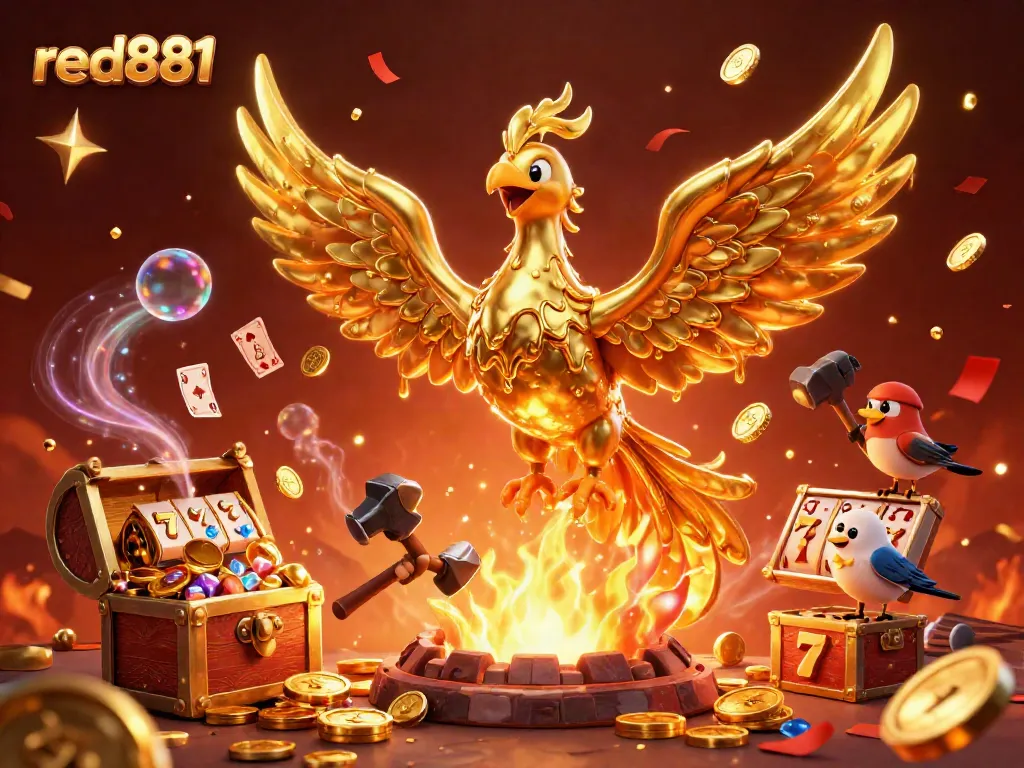 Experience thrilling gameplay with red881's vibrant 3D casino scene featuring golden phoenix and rich elements.