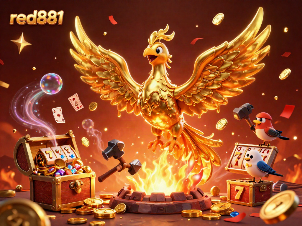 Experience thrilling gameplay with red881's vibrant 3D casino scene featuring golden phoenix and rich elements.