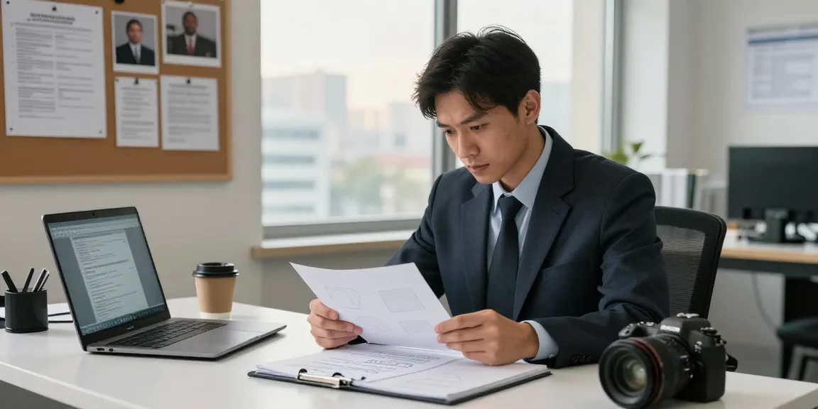 Private investigator analyzing case documents in a modern office.