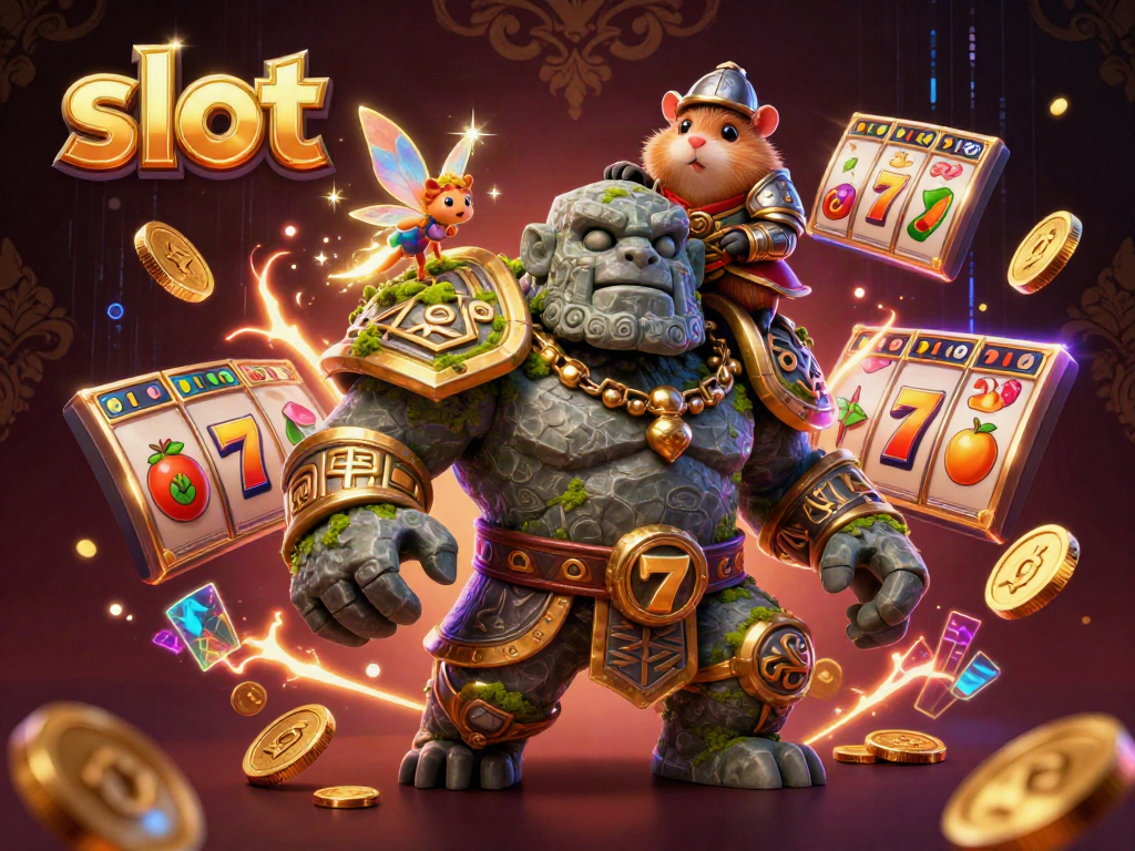 Engaging slot scene featuring a golem, fairy, and hamster knight surrounded by dynamic gambling elements.