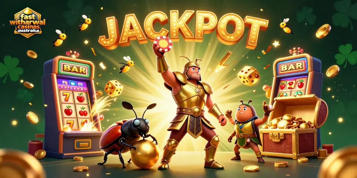 Experience fast withdrawal casinos Australia with a victorious beetle lifting a poker chip above coin explosions.