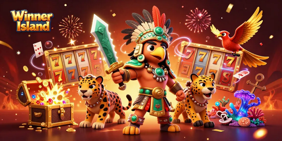 Win big at Winner Island with a dynamic casino scene featuring slot reels and lively characters.
