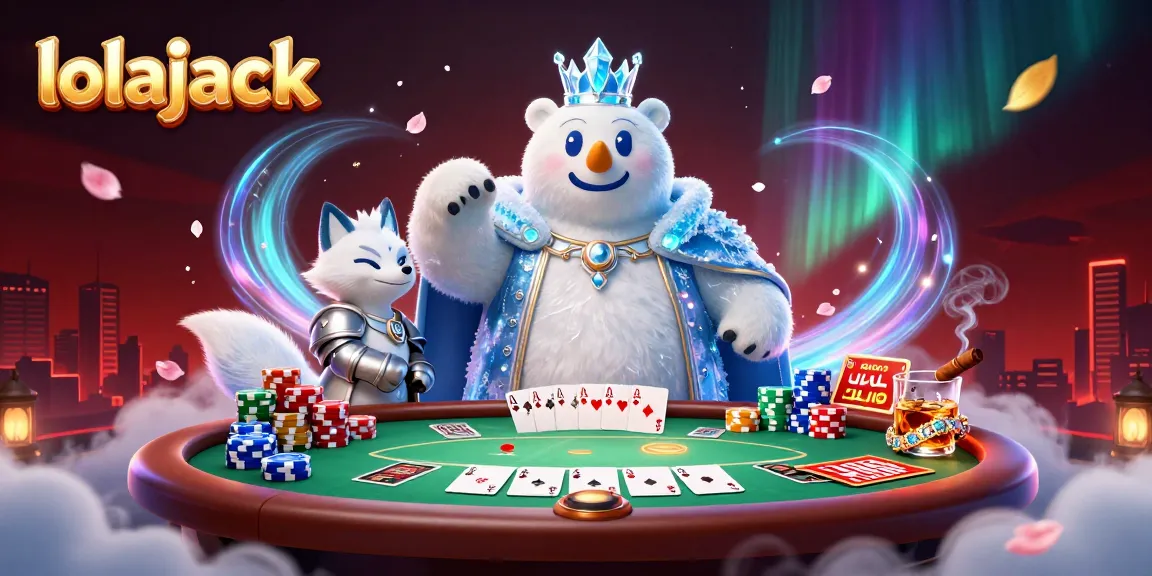 Lolajack Casino scene with a charismatic polar bear and snow fox amidst dynamic poker elements.