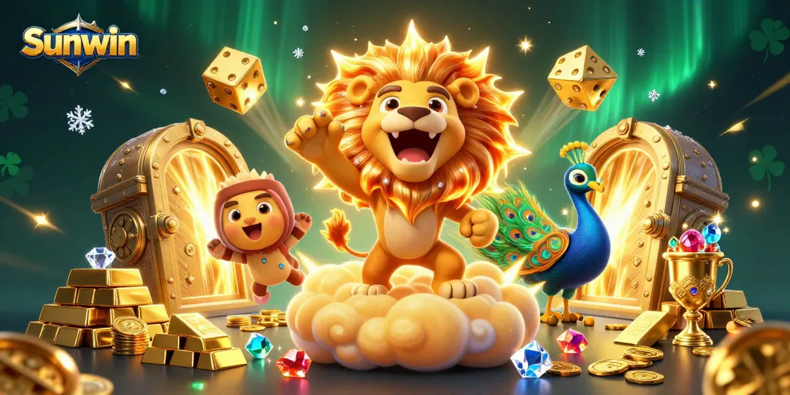 Experience exciting wins at Sunwin with 3D cartoon characters amidst bright gems and dynamic casino elements.